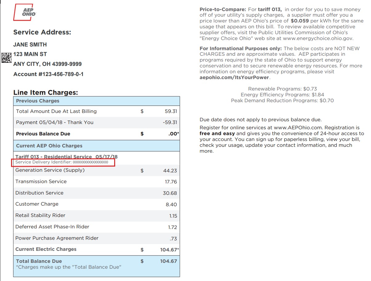 Example utility bill with account number highlighted